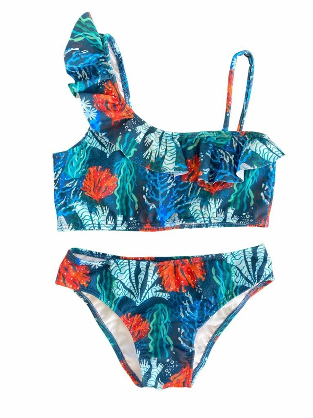 Bikini un hombro con volado por delante - Coral Azul