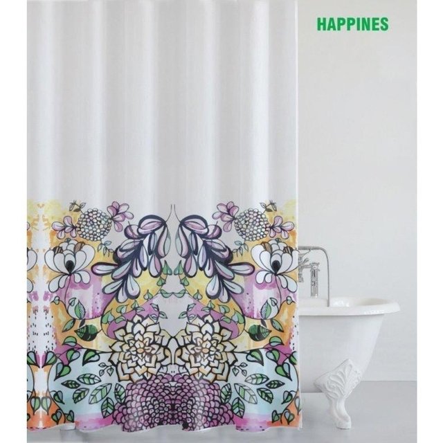 Cortina para baño de tela. Diseño: Happiness