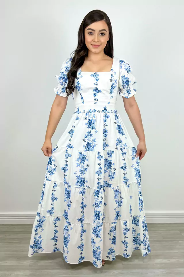 Vestido Longo Floral em Tricoline (Azul)