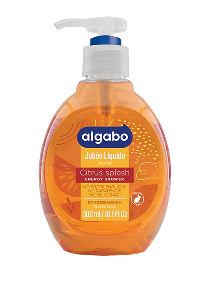 Jabon liquido economico marca Algabo con válvula floral rain