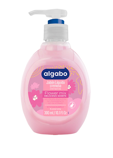 Jabon liquido economico marca Algabo con válvula Flower Mix