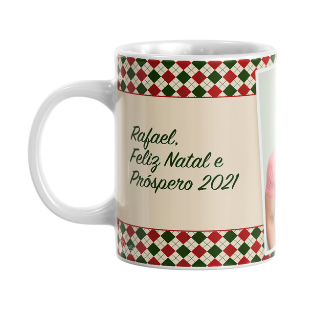 Caneca Personalizada Feliz Natal Xadrez Vermelho Verde com FOTO