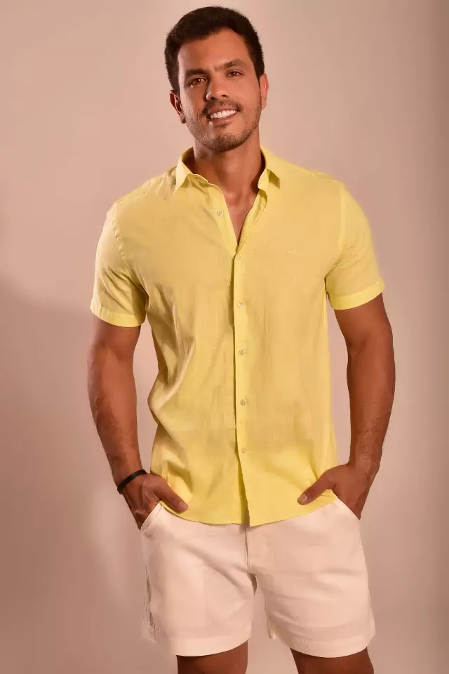 Camisa linho amarela manga curta - Comprar em Mahal