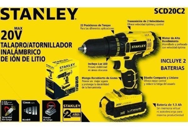 Taladro Atornillador 13 mm Bateria 20V Stanley SCD20C2-AR