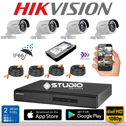 Cámara Seguridad Hikvision Dvr + 4 Canales + 4 Bullet 720p + Disco rígido 1Tb