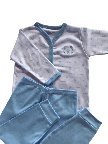 Pijama Bebê Azul Casaco e Calça Detalhe Bordado