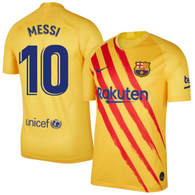 Camisa Barcelona IV 2019/22 Torcedor (Messi #10 - La Liga) - Amarelo +Vermelho