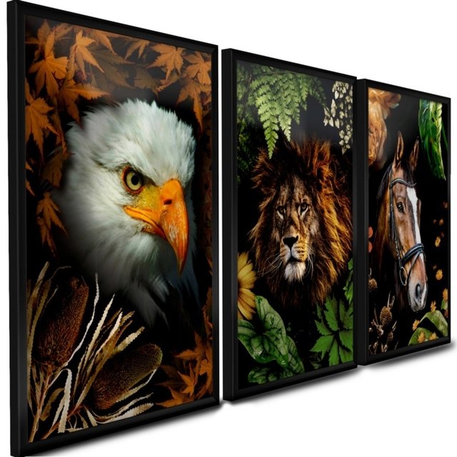 Quadros Decorativos Animais Trio Águia, Leão e Cavalo Natural Abstrato  Beleza