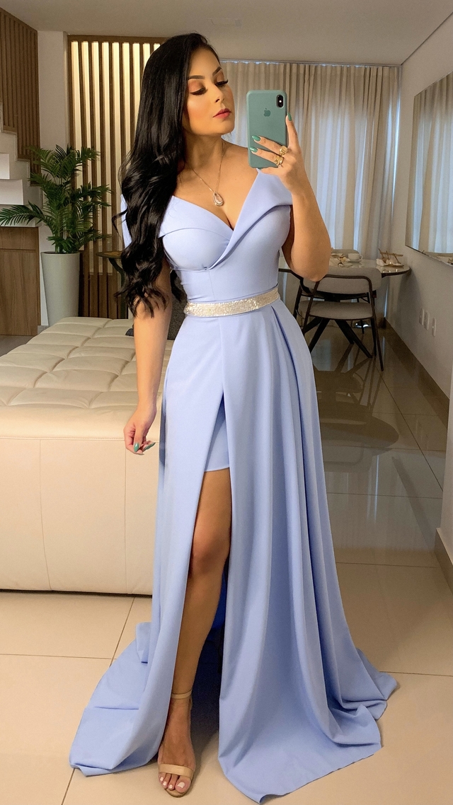 Vestido Monique Azul Serenity + Cinto Strass - Babel