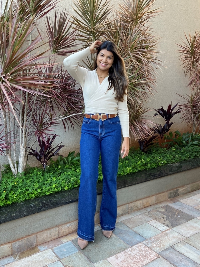 Calça jeans feminina wide leg básica escura