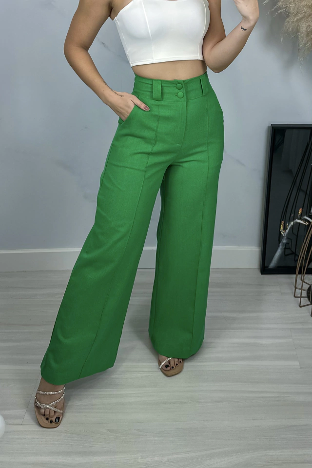 Calça Pantalona em Linho - Verde Bandeira - Gabi Q.