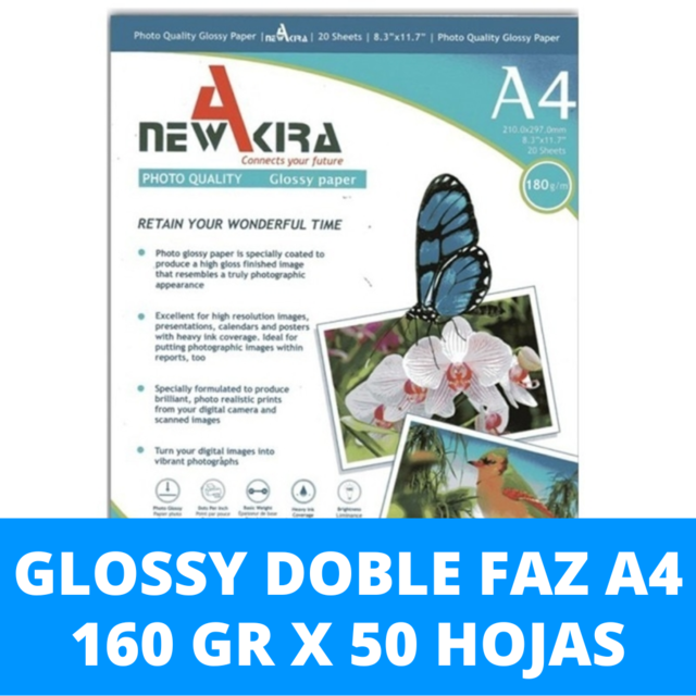 Papel A4 fotográfico Glossy Doble Faz 160 gr x 50 Hojas New Akira