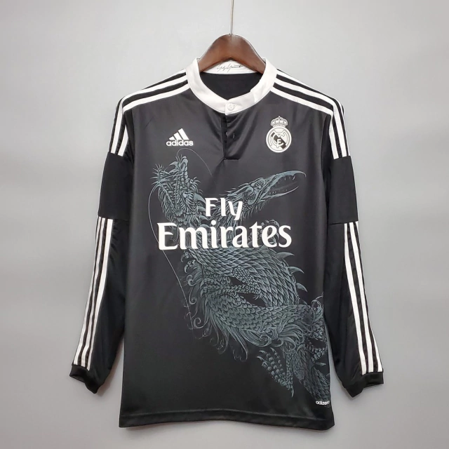 Camisa Real Madrid Dragão Retrô 2014/2015 Manga Longa - Preta e Branca