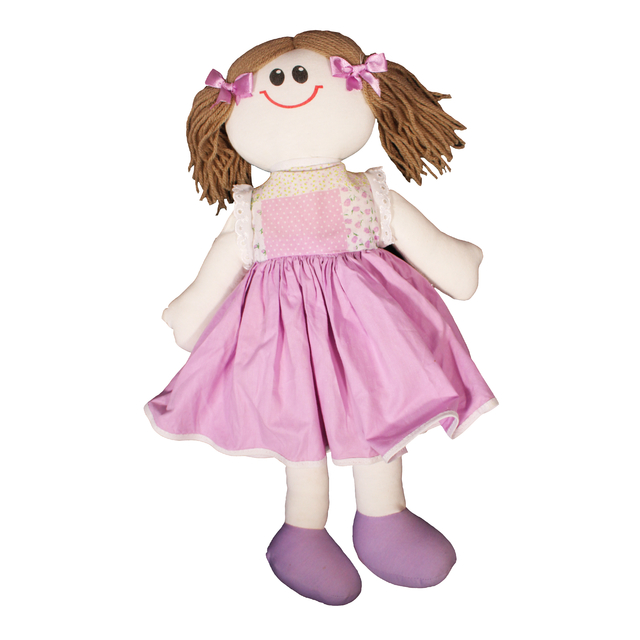 Boneca de pano Olívia com vestido lilás de corpete florido, saia rodada e  laços no cabelo (