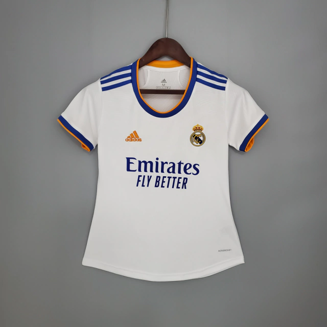 Camisa Real Madrid Home 21/22 - Torcedor/Feminino - Branco, Azul e Laranja  - Adidas