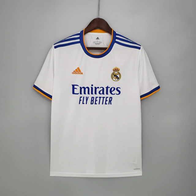 Camisa Real Madrid Home 21/22 - Torcedor/Masculino - Branco, Azul e Laranja  - Adidas