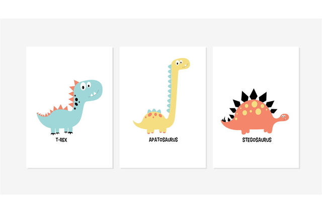 Kit com 3 Quadros Decorativo Dinossauros Baby Aquarela