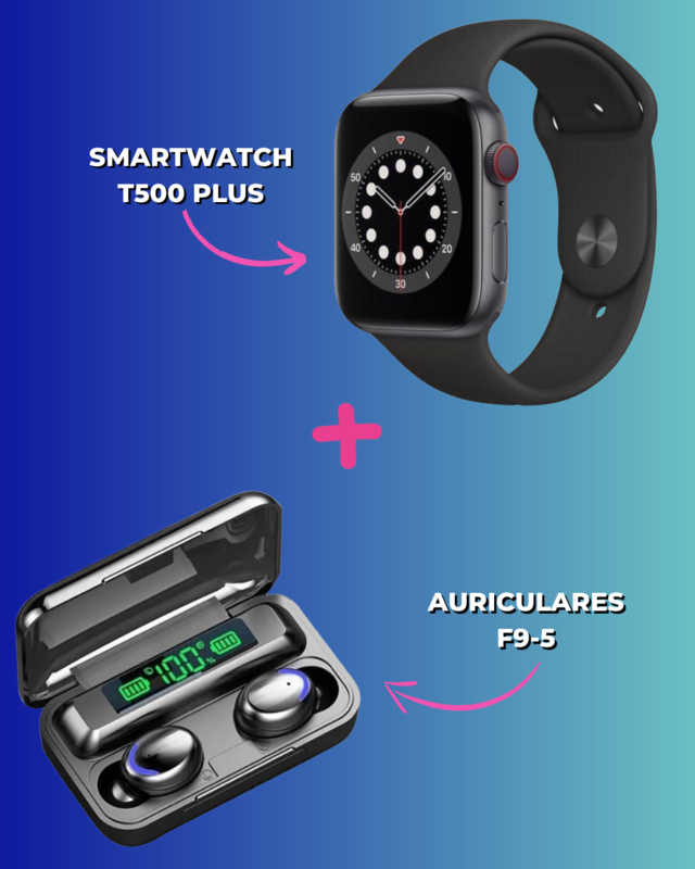 COMBO N° 4 | Smartwatch T500 Plus + Auricular F9-5 Negro