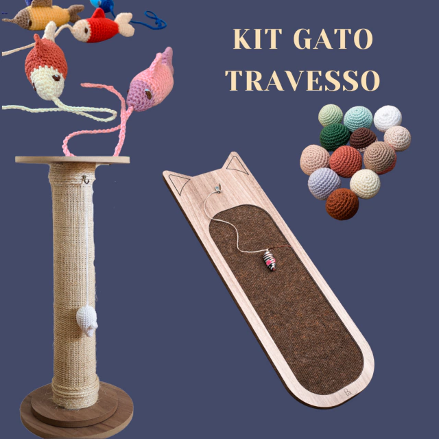 KIT Gato Travesso - Arranhador Torre + Arranhador Bastet Gancho + 2  bolinhas e 1 peixe Grátis