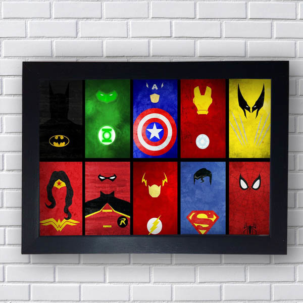 Quadro simbolos Super Heróis Marvel e DC Comics c/ moldura