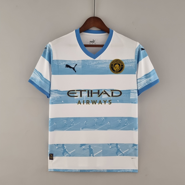Camisa Pré-Jogo Manchester City 2022 2023 Torcedor Branca Azul
