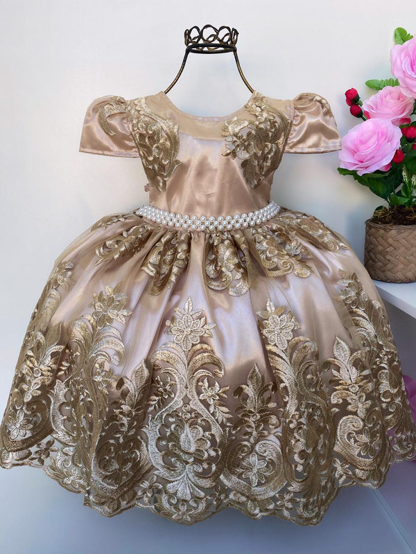 VESTIDO INFANTIL DOURADO RENDA DOURADA REALEZA CINTO PÉROLAS