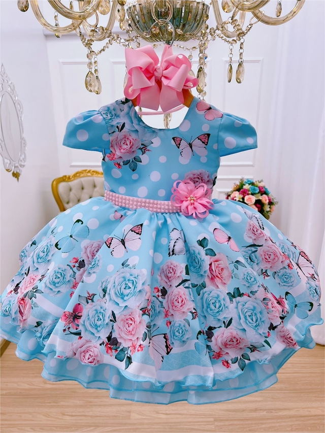Vestido Infantil Longo Damas de Honra Azul Bebê Pérolas