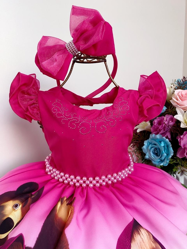 Vestido Infantil Masha e o Urso Luxo Flores com Tiara | Pink