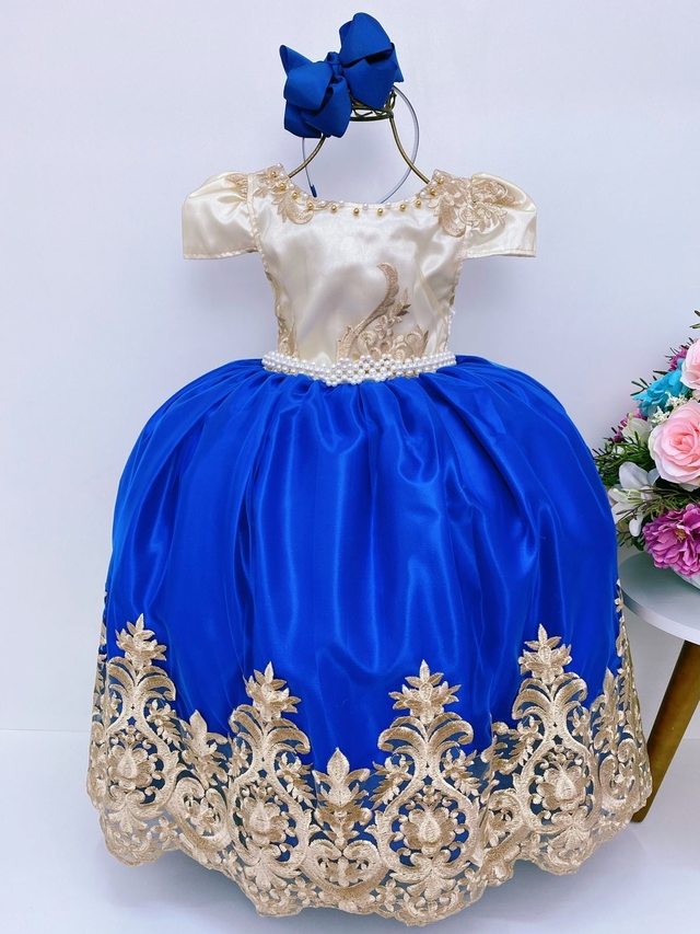 Vestido Infantil - Damas de Honra Azul Royal e Marfim Realeza