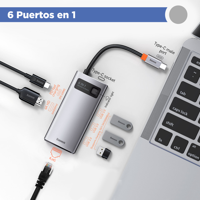 HUB Adaptador Gleam 6 en 1 USB-C a USB x 3 - HDMI - USB-C (PD)