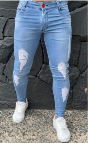 Calça masculina Skinny Destroyed jeans claro