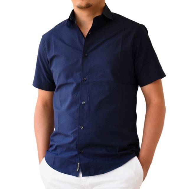 Camisa Social Masculina Slim Manga Curta Azul - LacoOne