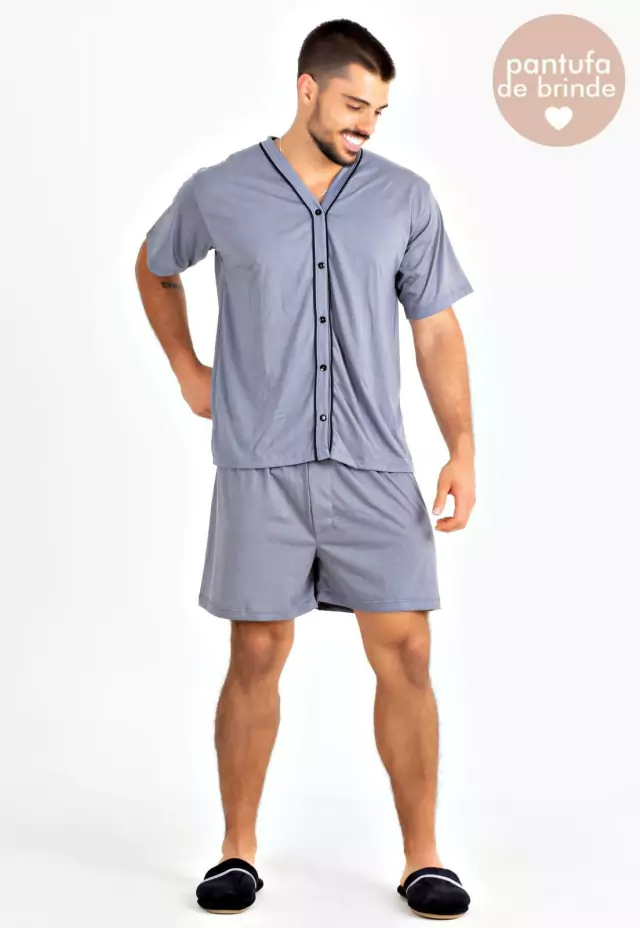 Pijama Masculino Americano com Botões Blusa e Short Cinza | PJMA1