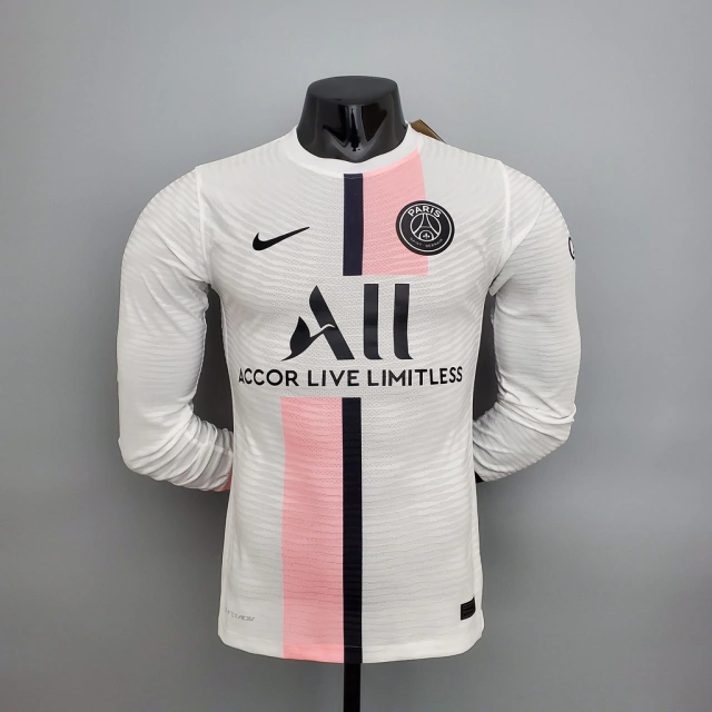 Camisa Paris Saint Germain - PSG II Away 21/22 Jogador Nike Manga Longa  Masculina - Branco e Rosa