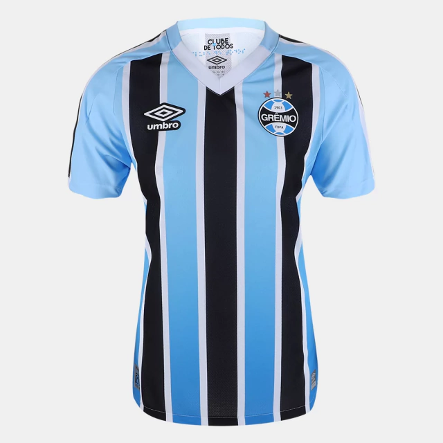 Camisa Grêmio I 22/23 Feminina Umbro - Azul Celeste, Preta e Branca