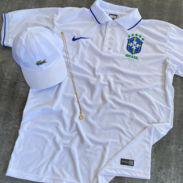 Kit Camisa Do Brasil Gola Polo Branca + Boné Lacoste Branco Smal Croc +  Cordão c/ Pingente brinde!!