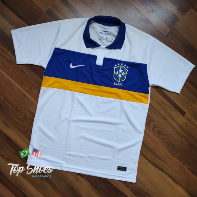 Camisa Polo Do Brasil Branca Faixa No Peito Azul e Amarelo