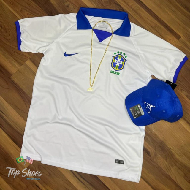 Kit Camisa Branca Gola Azul Seleção Brasileira c/ Boné Nike Azul Royal  Cordão & Pingente Brinde!