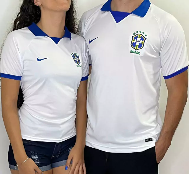Kit Casal Camisa Seleção Brasileira Branca c/ Gola Azul