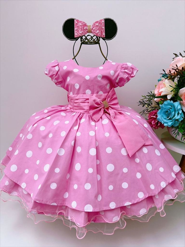 Vestido Infantil Fantasia Luxo Minnie Rosa