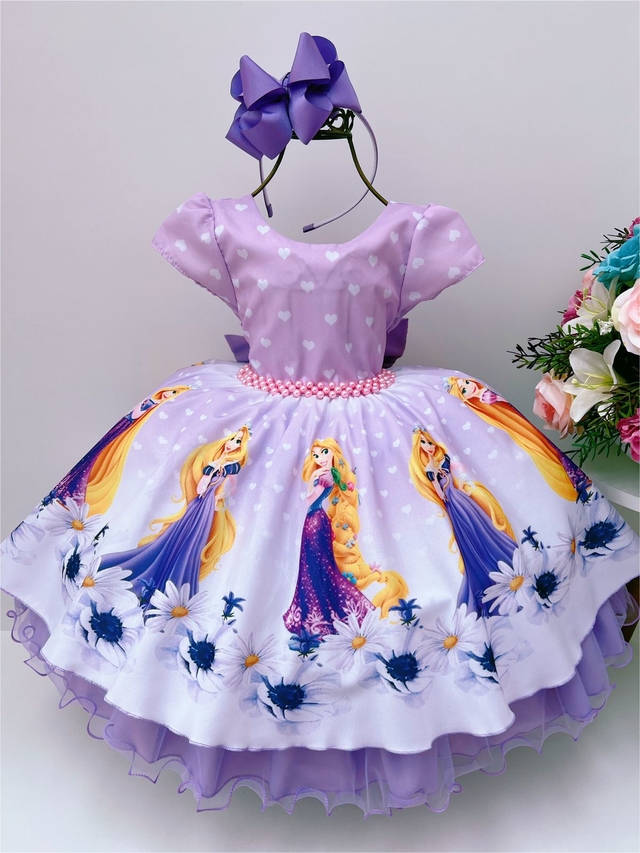 Vestido Infantil Festa Rapunzel Lilás Com Pérolas Princesas Festas