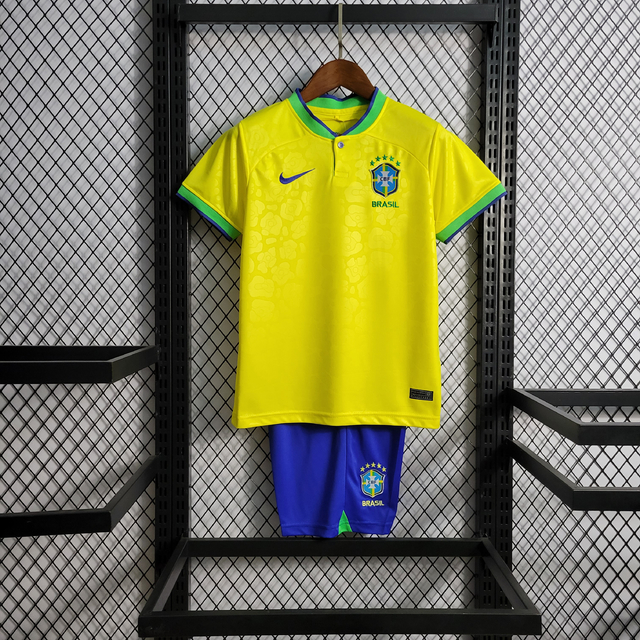 Conjunto Camisa Seleção Brasileira Home 22/23 Nike Infantil - Amarelo