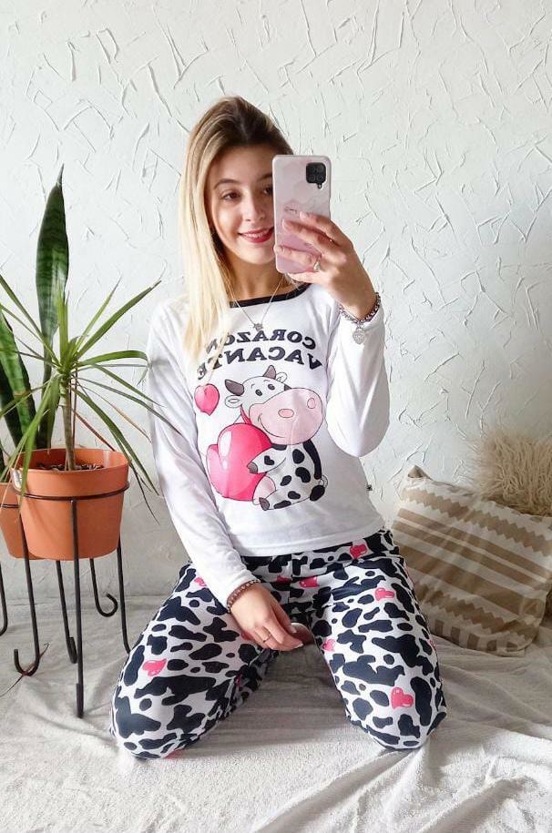 Pijama Juvenil de Vaca "corazon vacante" manga larga y pantalón