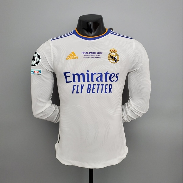 Camisa Real Madrid I Manga longa 21/22 - Champions League - Masculino  Jogador - Branco e Azul