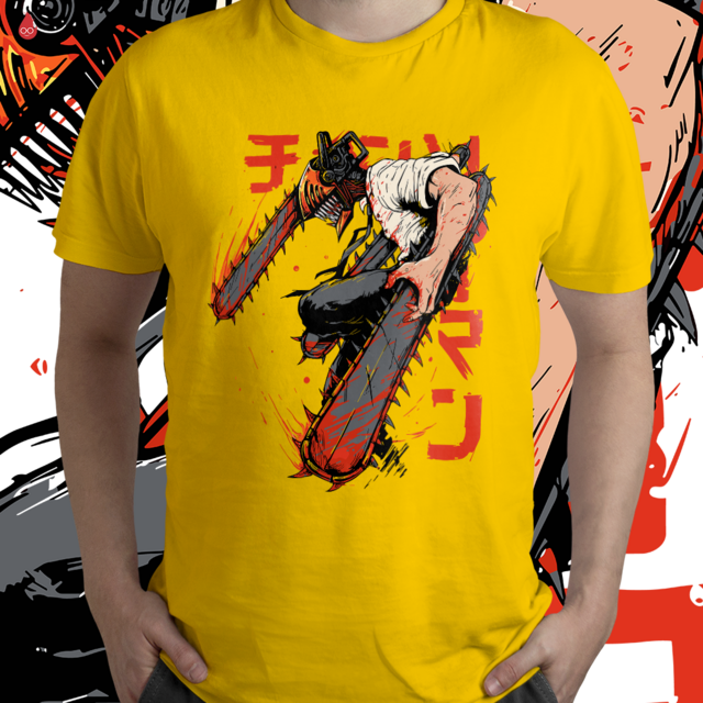 Camiseta básica na cor preta com estampa Chainsaw Man. - Camisetas anime  30.1 penteada e reforçada, 100% algodão estampa no tamanho Gigante!