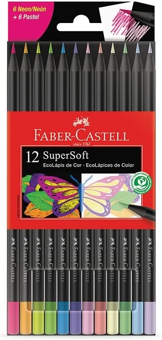 Ecolápis de Cor - Supersoft - C/ 12 Und - 6 Cores Neon + 6 Cores Pastel -  Faber Castell