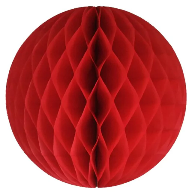 Bolas de panal de abeja en papel seda rojo 30, 25 y 15 cms de diámetro.