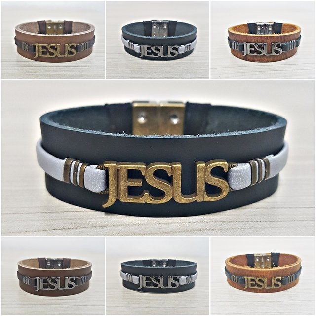 Bracelete Masculino Couro Jesus Pulseira Magnética Religiosa