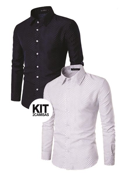 Kit 2 Camisa Social Slim Estampada - Branca e Azul Escuro