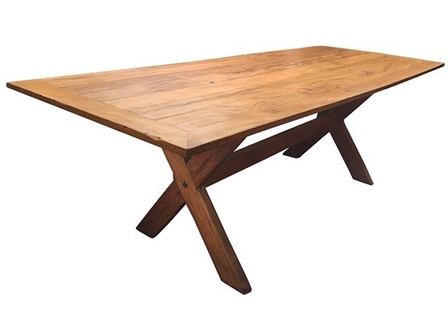 Mesa de jantar em madeira de demolição rústica com pé X